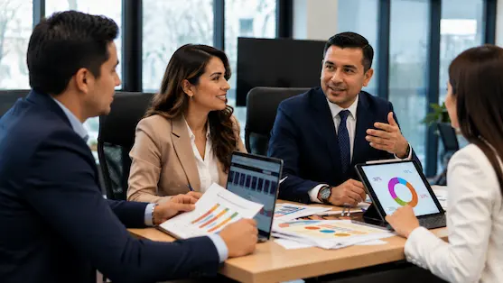 Reunión de negocios revisando informes comerciales